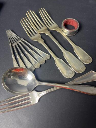 Assorted Silverplate and Metal Flatware and Napkin Ring
