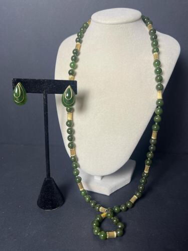 Pair of Jade Bead Necklace with 14k Gold Clasp and Earrings with Gold Tone Accents