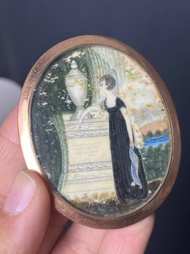 Antique Mourning Brooch With Hand-Painted Miniature Scene