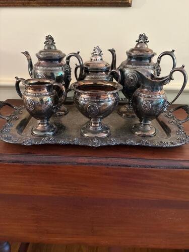Stunning Reed & Barton Silverplate Tea and Coffee Service Set in Grape Motif on Friedman Silver Co. Butler Tray