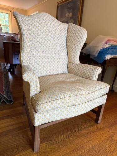 Kittinger Wingback Chair in Traditional Style Upholstery with Yellow Floral Motif