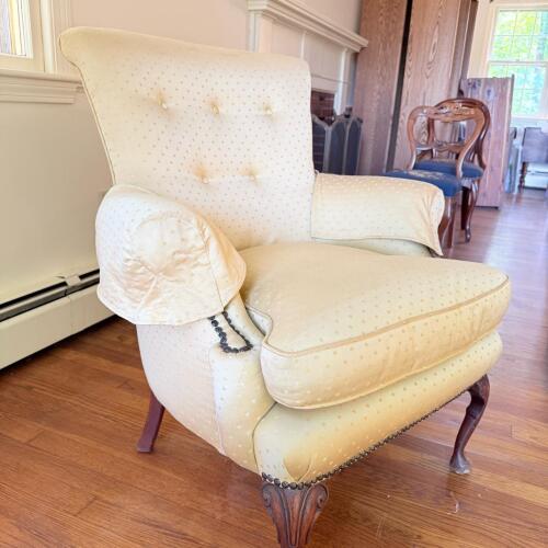 Upholstered Nailhead Trim Wingback Armchair in Queen Anne-Style, Cheery Yellow Upholstery