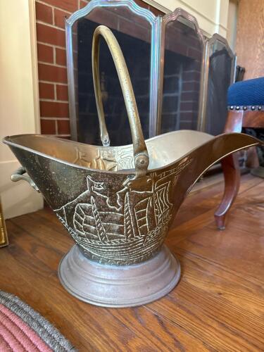 Brass Fireplace Coal Scuttle With Ship Motif Handle No. 1