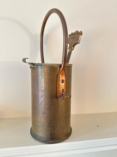 Antique Copper and Brass Fireplace Ash Pail with Handle
