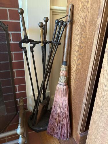 Handcrafted Hearth Broom with Wooden Handle and Cast Iron Fireplace Tools Set
