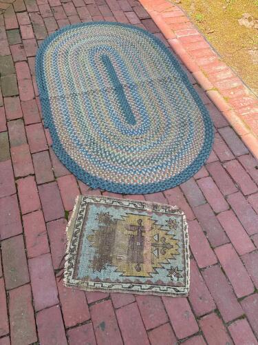 Braided Oval Rug and Small Worn Geometric-Patterned Rug