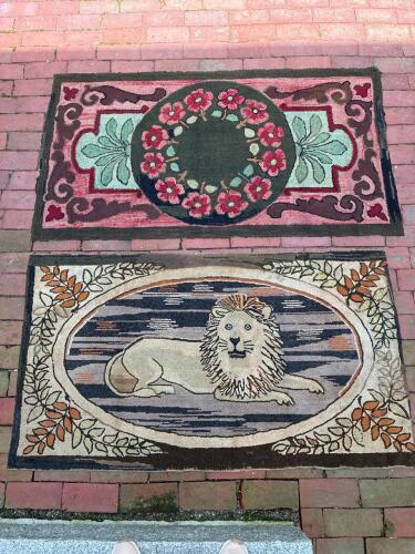 Antique Hooked Rugs: Floral Wreath Design, Lion Oval Motif