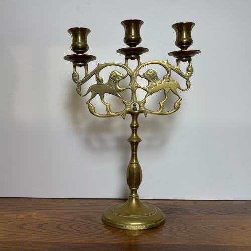 Brass Three-Light Candelabrum with Heraldic Lion Motif