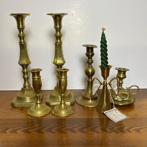 Mixed Brass Candleholders Including Angel Mother of Pearl Inlay