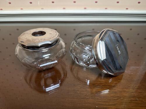 Pair of Sterling Silver-Lidded Cut Glass Vanity Jars