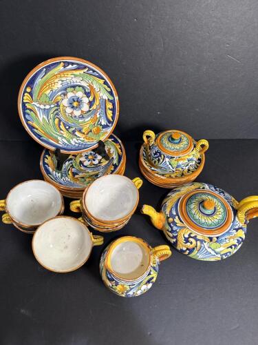 Casteldurante-Style Italian Majolica Tea Set with Plates and Bowls