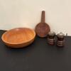 Wooden Kitchenware Lot with Bowl, Cutting Board and Mills