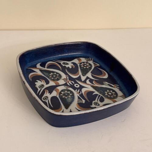 Royal Copenhagen Baca Faience Square Dish With Bird Motif
