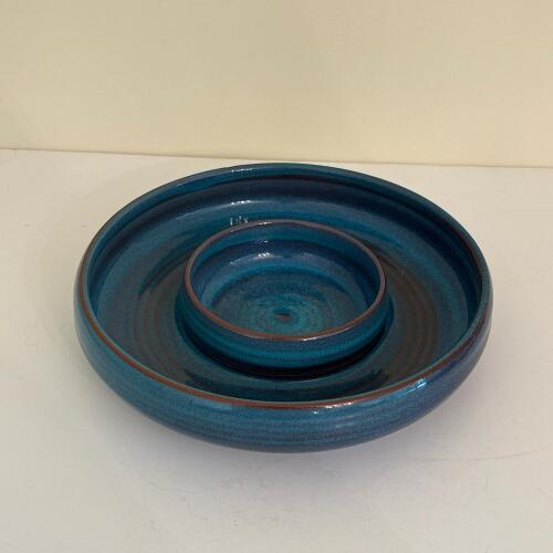 Signed Blue Glazed Studio Pottery Chip and Dip Bowl