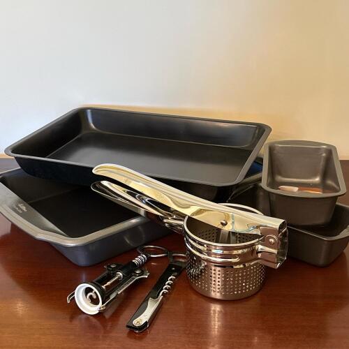 Baking Pans, Potato Ricer, and Corkscrews Kitchen Lot