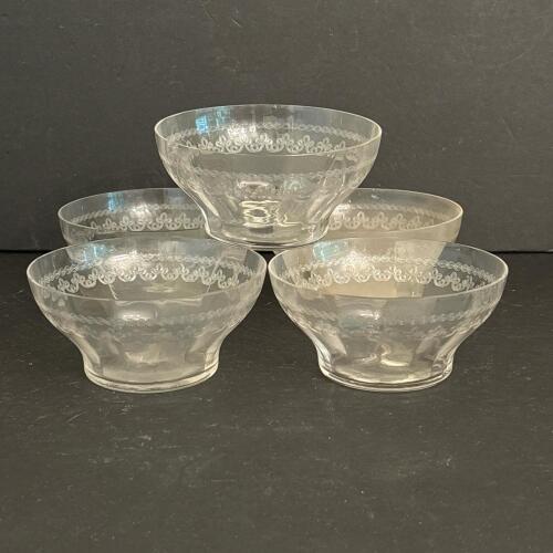 Five Etched Clear Glass Dessert Bowls with Swirl Border Pattern