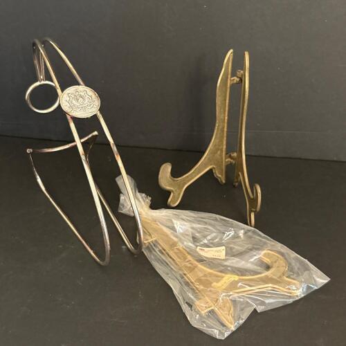 Wine Bottle Cradle and Two Brass-Tone Display Easels