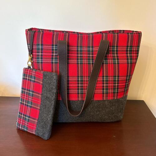 Punctuate Plaid Tote Bag with Matching Pouch