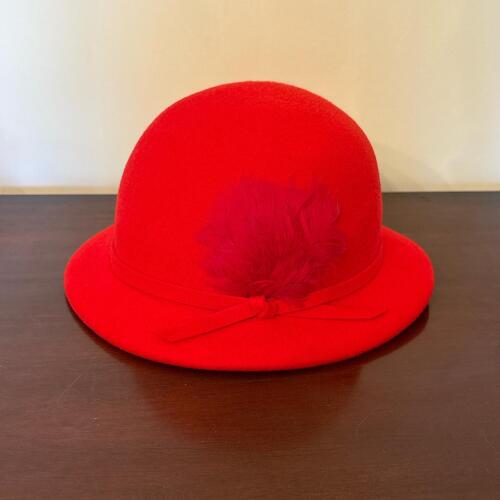 Oscar de la Renta Red Felt Bowler Hat with Feather Accent