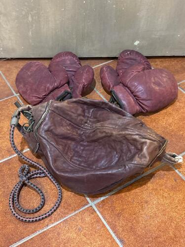 Vintage Leather Boxing Gloves and Speed Bag