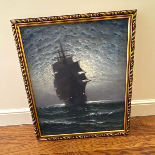18.25" x 22" Signed Framed Painting of a Sailing Ship at Sea
