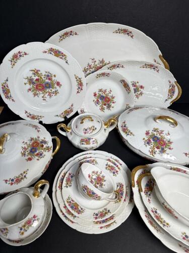 LARGE Limoges France Porcelain Dinnerware in Floral Basket Motif