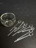 Glass Bowl W/ Miniature Glass Spoons & Salt Dips W/ Gold Trim