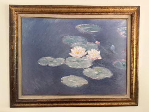 49"x39" Framed Impressionist-Style Water Lilies Painting