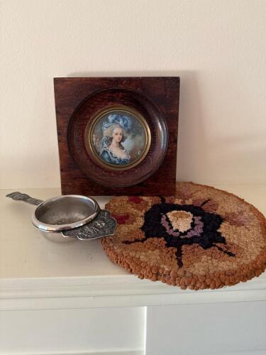 Miniature Portrait Plaque, Hooked Wool Mat, Silverplate Tea Strainer
