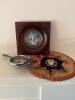Miniature Portrait Plaque, Hooked Wool Mat, Silverplate Tea Strainer