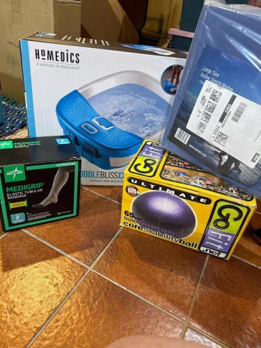 Assorted Health and Fitness Items: Incline Stretch Wedge, Medigrip Bandage, Core Stability Ball, Foot Bath
