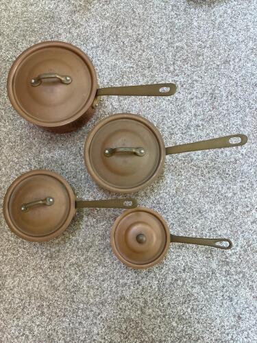 4 French Copper Sauce Pans with Lids, Brass Handles