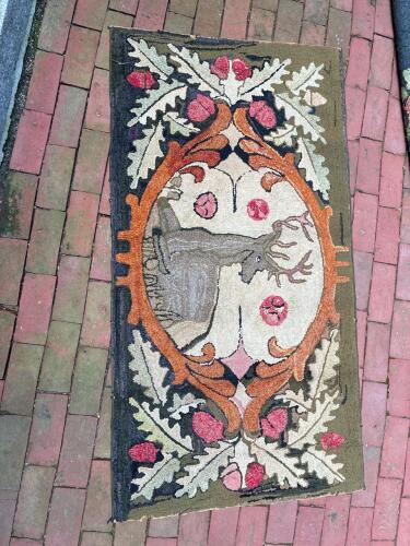 Antique Hooked Rug With Stag Motif