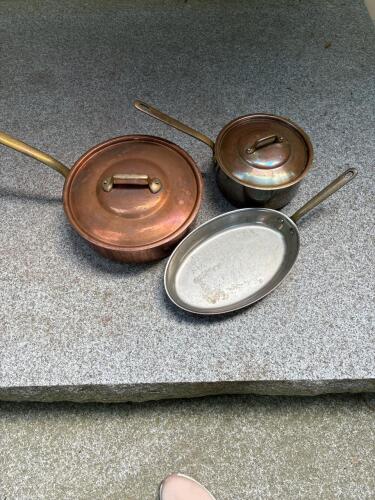 French Copper Saucepans and Fish Pan, Villedieu Les Chefs-Style