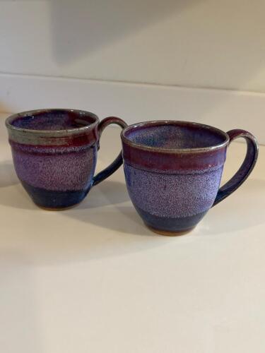 Pair of Hand-Thrown Pottery Mugs Purple Drip Glaze