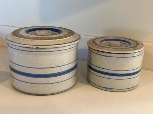 Pair of Antique Blue Stripe Stoneware Crocks With Lids
