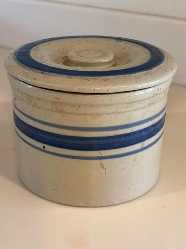 Stoneware Crock with Blue Bands and Lid