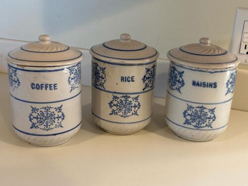 Antique American Blue Stoneware Canisters With Lids