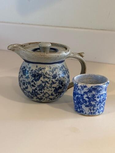 Stoneware Teapot and Cup Set in Blue Spongeware-Style Glaze