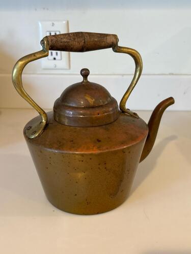 Antique Brass and Copper Teakettle with Wooden Handle