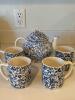 Blue Floral-Patterned Ceramic Teapot with Matching Mugs