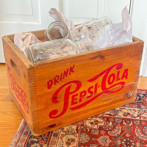 Vintage Pepsi-Cola Wooden Crate with Atlas and Ball Mason Jars