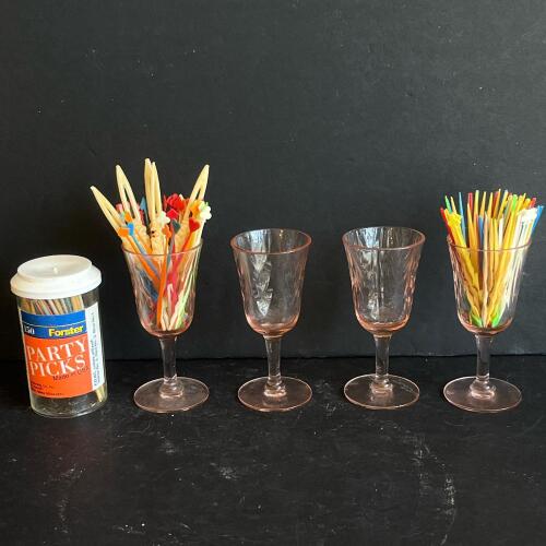 Pink Glass Cordial Glasses and Forster Party Picks