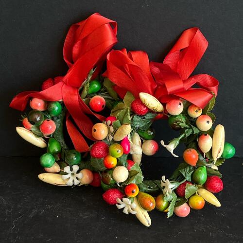 Fruit-Adorned Miniature Wreaths with Red Ribbons