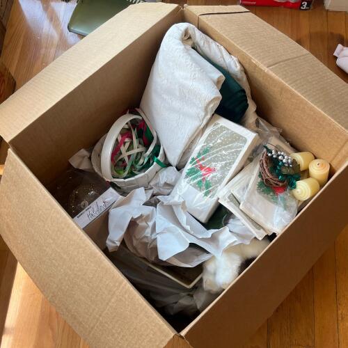 Assorted Christmas Decorations, Textiles, Candles, and Tableware