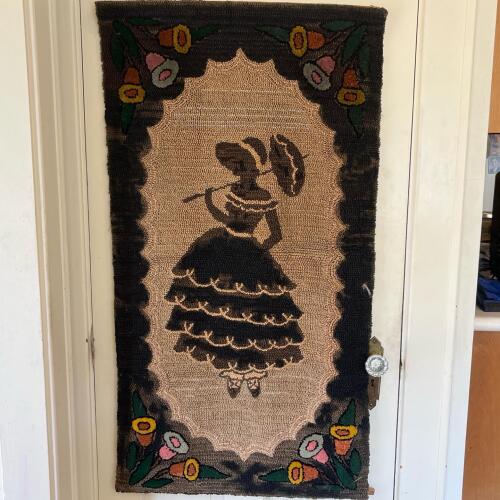 Folk Art Hooked Rug Depicting Woman With Parasol