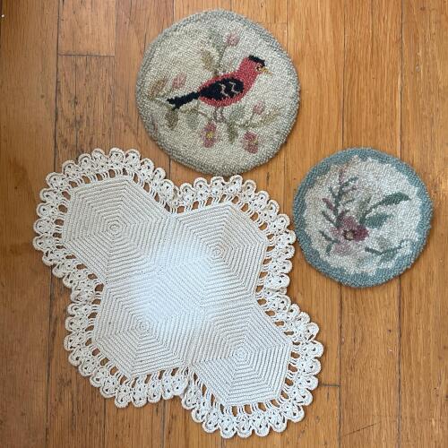 Pair of Normanway Handcrafts Cape Breton Hooked Wool Coasters with Doily