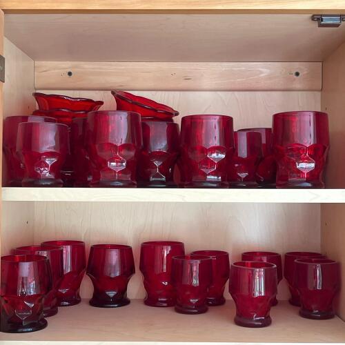 Ruby Red Glass Tumblers and Ruffled Bowls