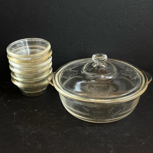 Glasbake Clear Glass Casserole Dish with Lid and Custard Cups