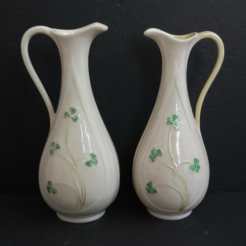 Pair of Belleek Pottery Shamrock-Pattern Ewers